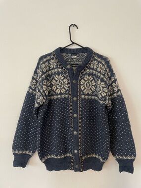 Dale of Norway Navy Fair Isle Wool Cardigan Sweater - Size L